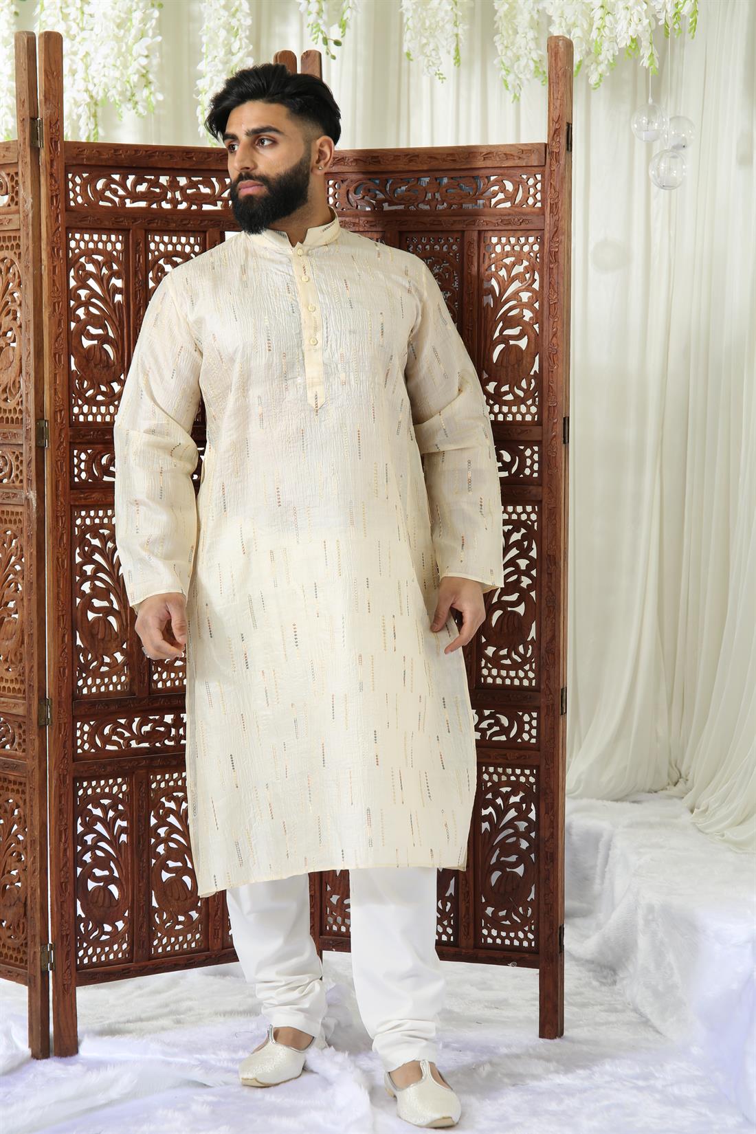 Light Gold Silk Mens Kurta Pajama