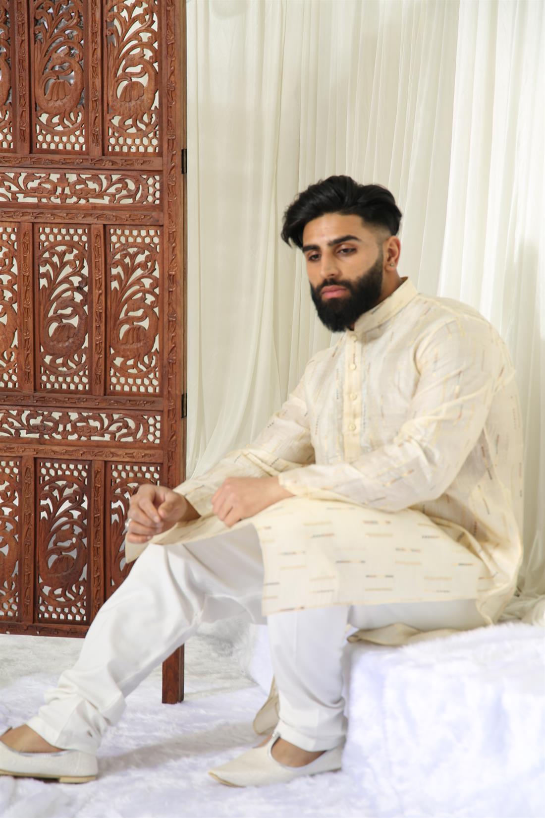 Light Gold Silk Mens Kurta Pajama