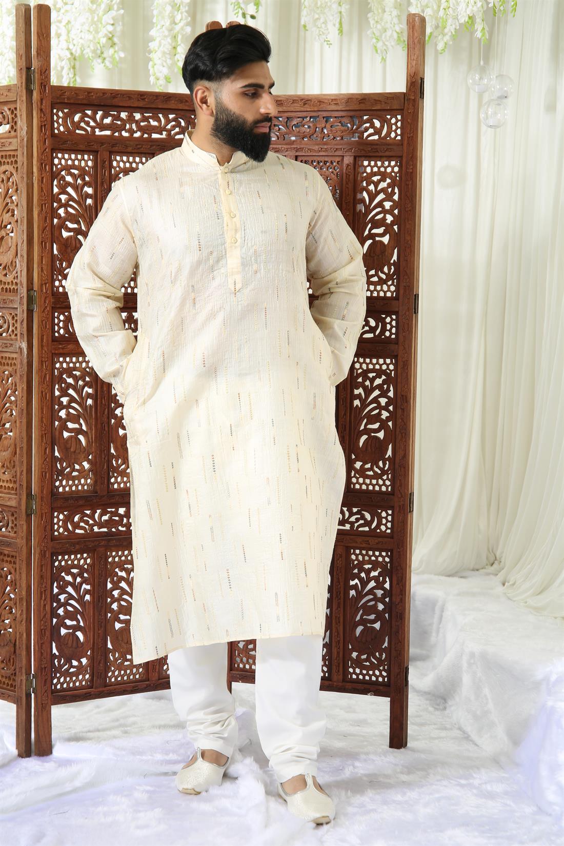 Light Gold Silk Mens Kurta Pajama