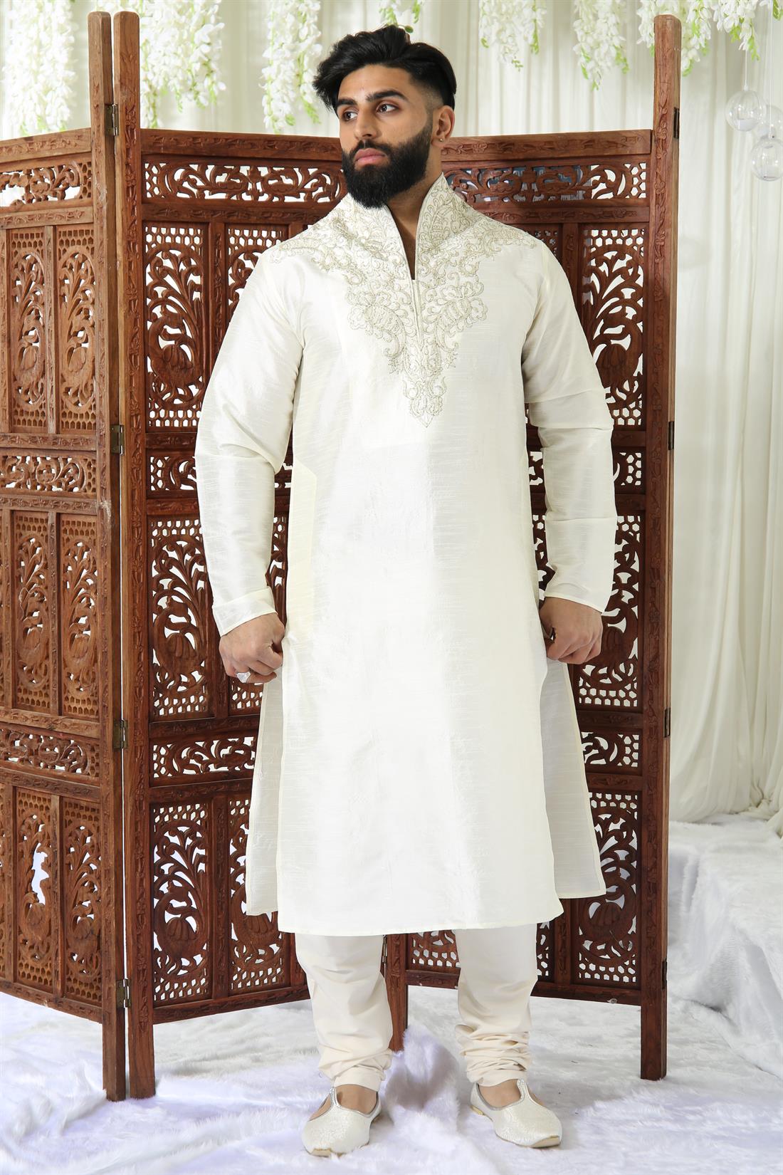 Cream Embroidered Mens Kurta Pajama