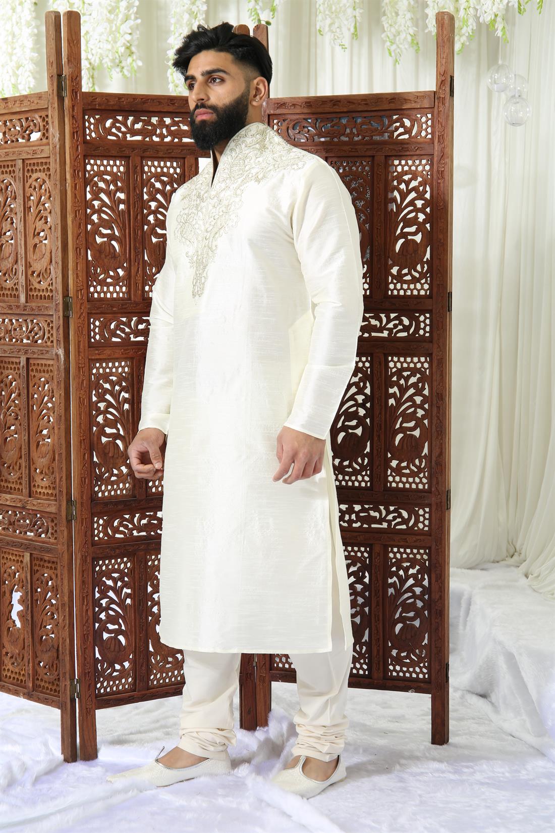 Cream Embroidered Mens Kurta Pajama