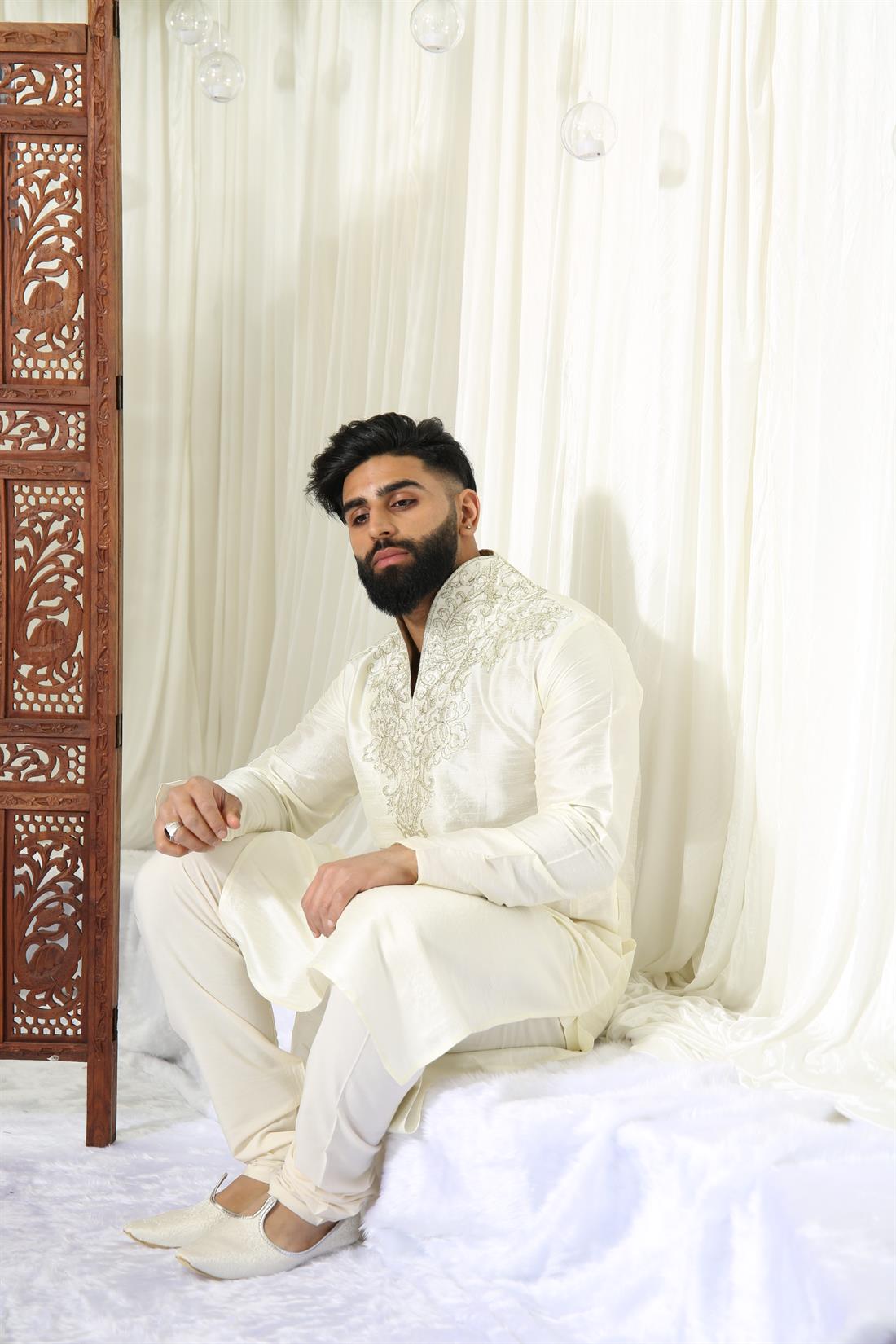 Cream Embroidered Mens Kurta Pajama