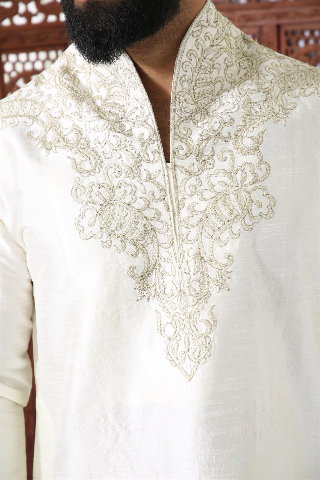 Cream Embroidered Mens Kurta Pajama