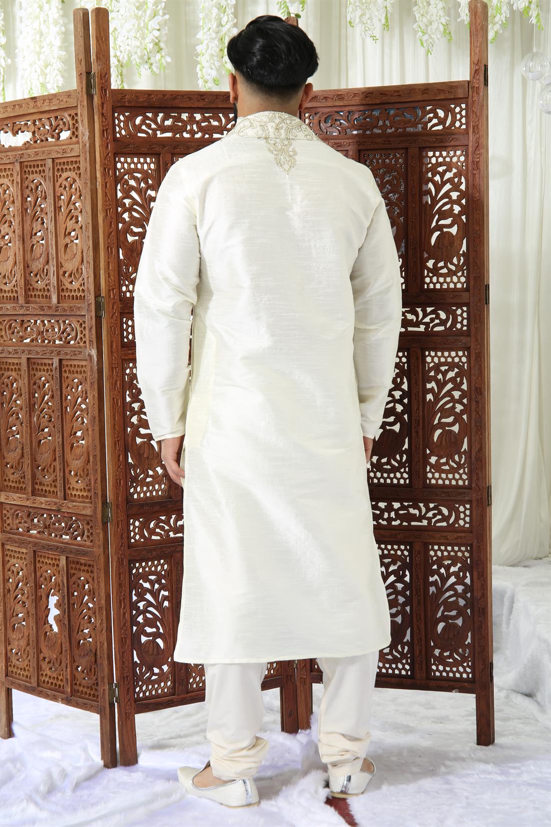 Cream Embroidered Mens Kurta Pajama