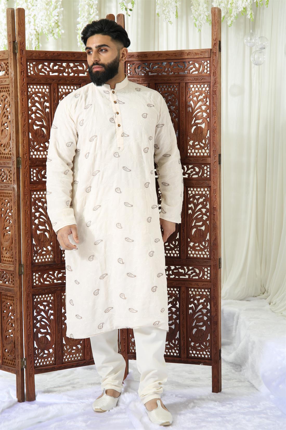 Off White Embroidered Mens Kurta Pajama