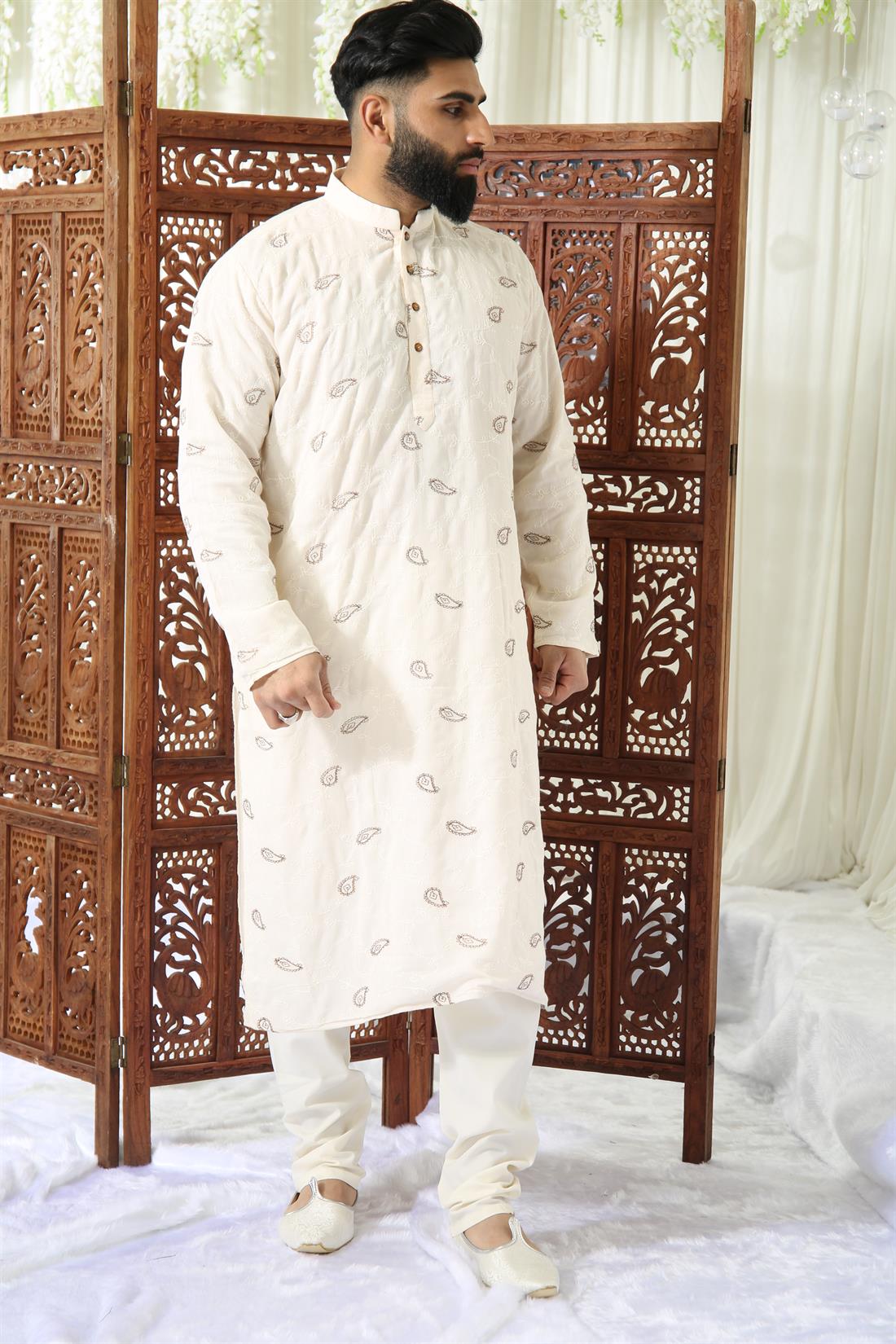 Off White Embroidered Mens Kurta Pajama