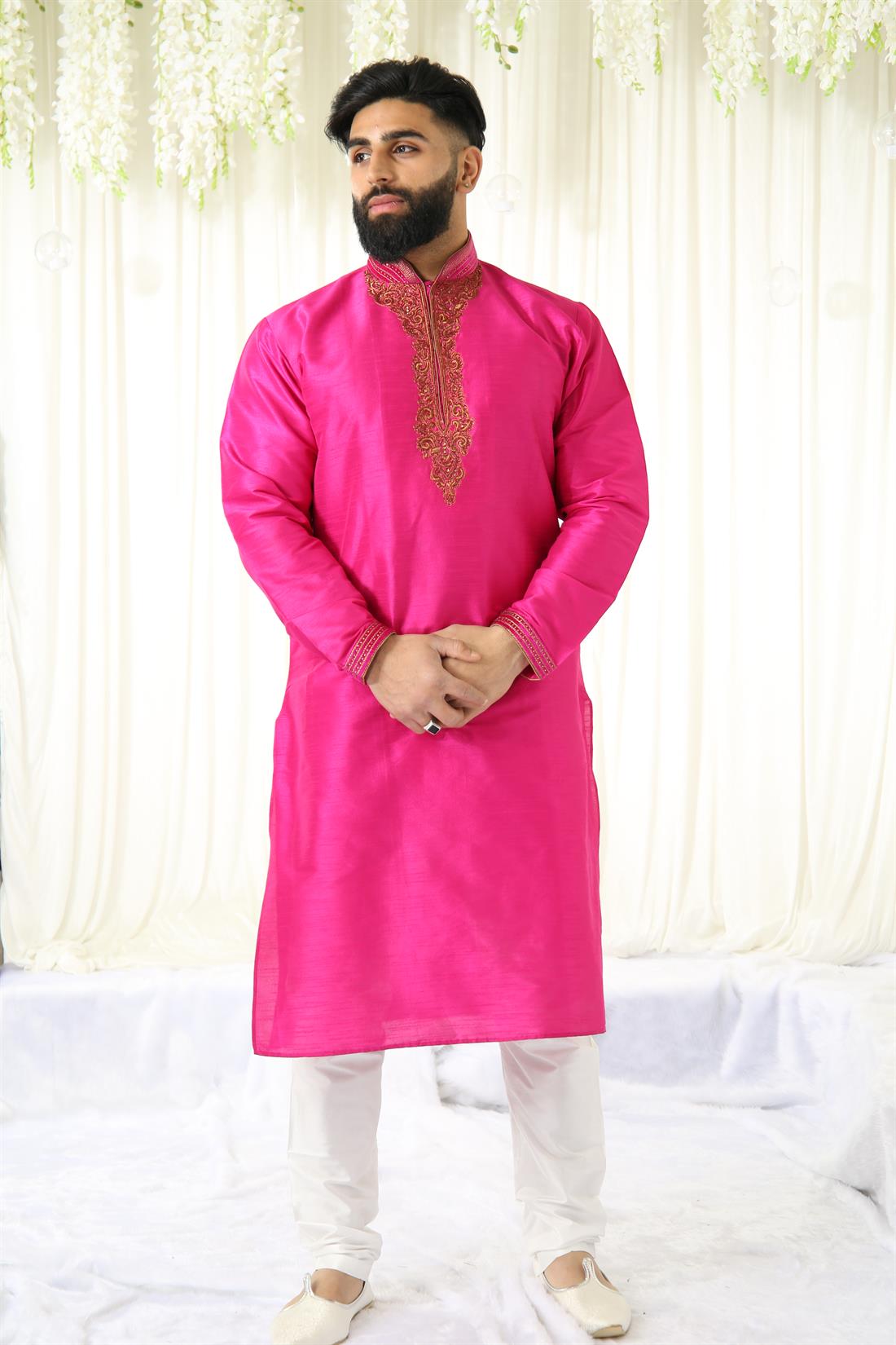 Fuchsia Embroidered Mens Kurta Pajama
