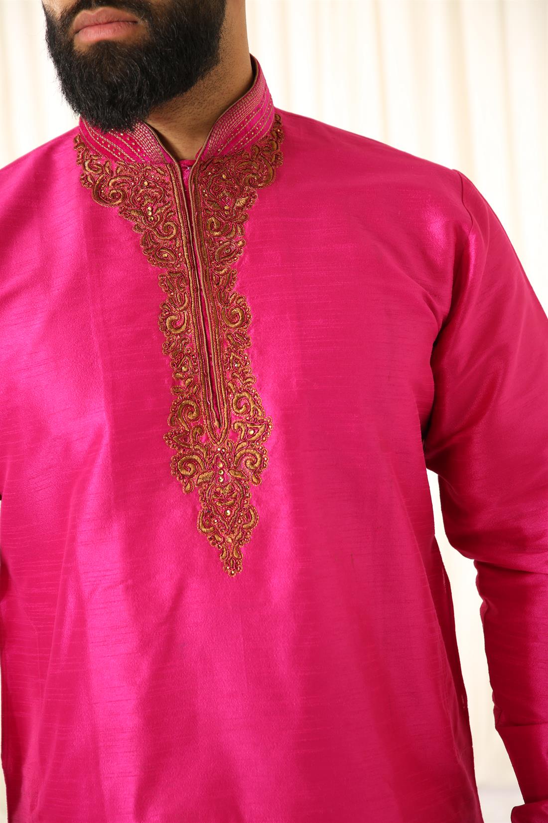 Fuchsia Embroidered Mens Kurta Pajama
