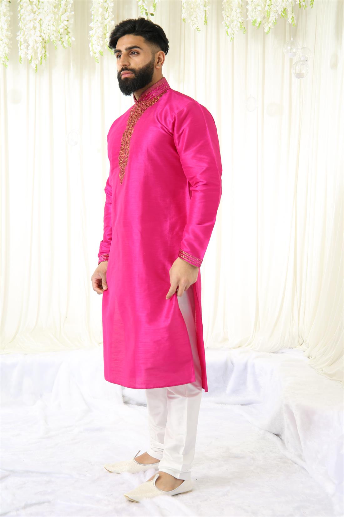 Fuchsia Embroidered Mens Kurta Pajama