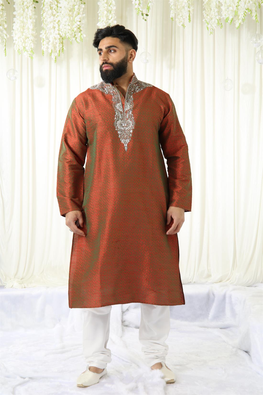 Maroon & Silver Embroidered Mens Kurta Pajama