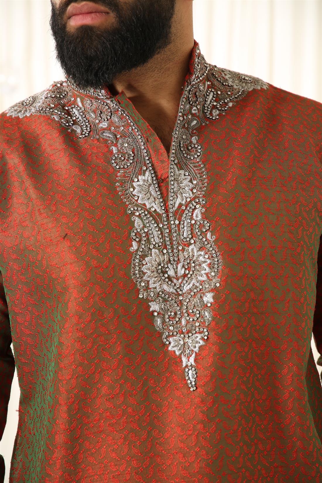 Maroon & Silver Embroidered Mens Kurta Pajama