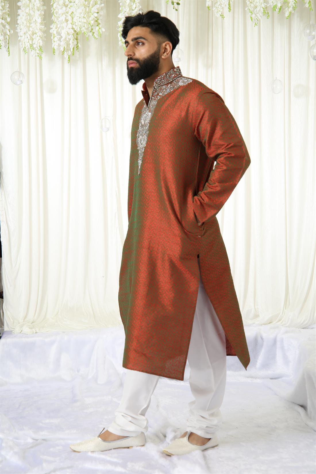Maroon & Silver Embroidered Mens Kurta Pajama