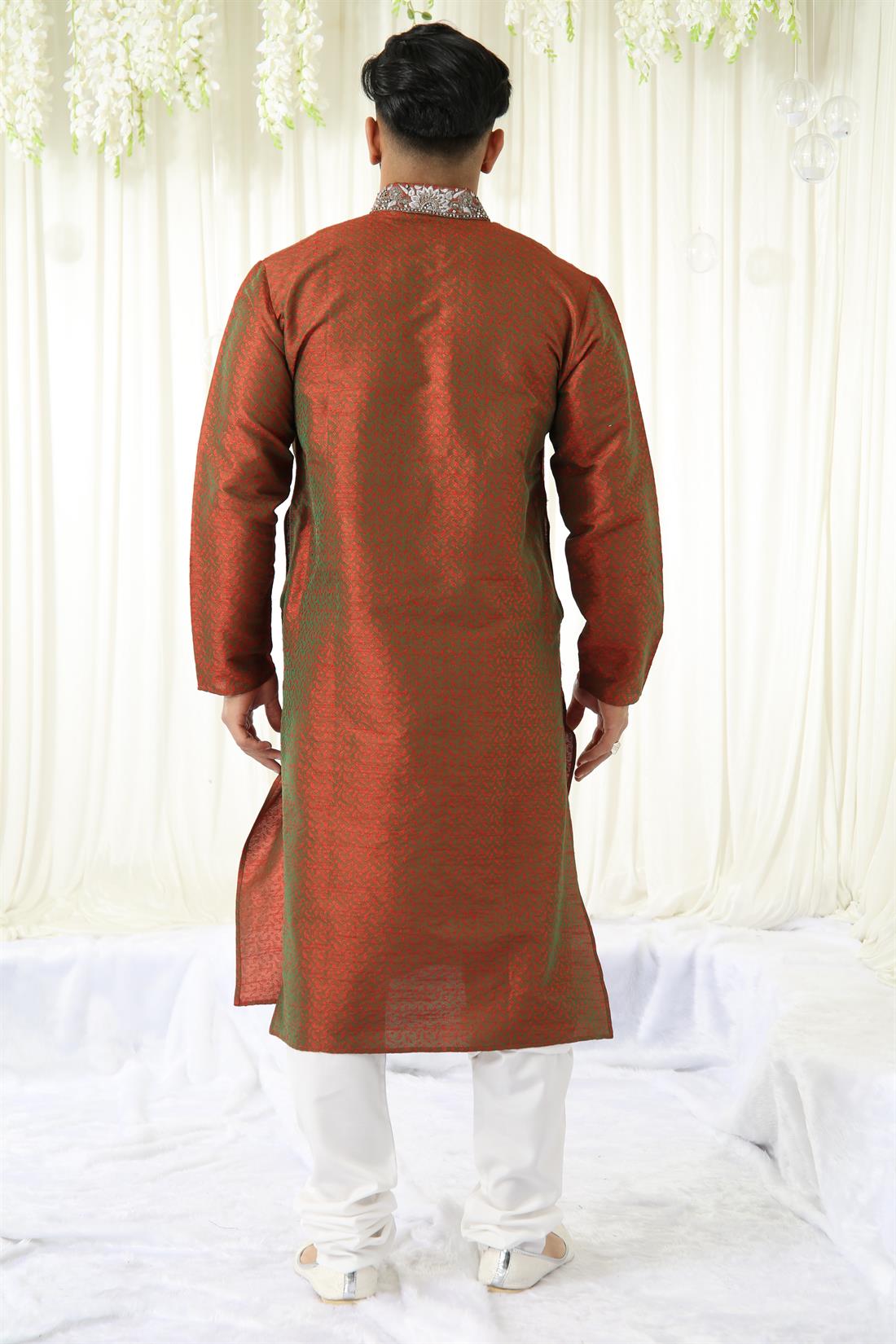 Maroon & Silver Embroidered Mens Kurta Pajama