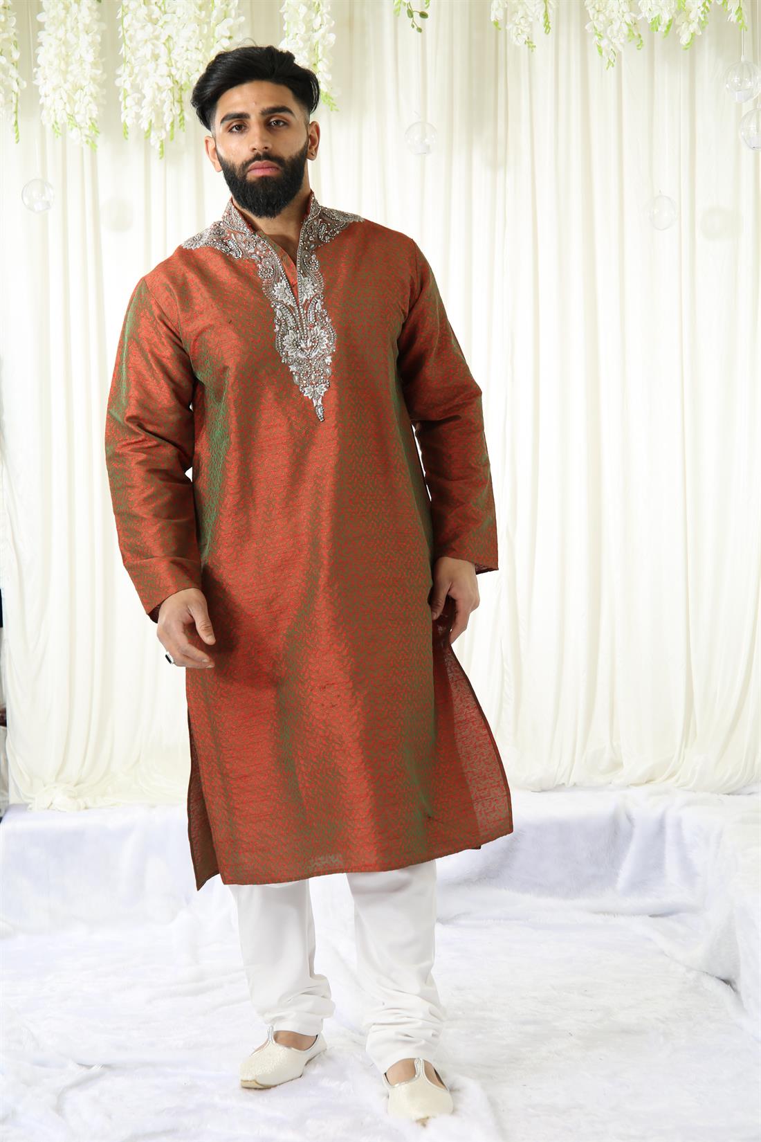 Maroon & Silver Embroidered Mens Kurta Pajama