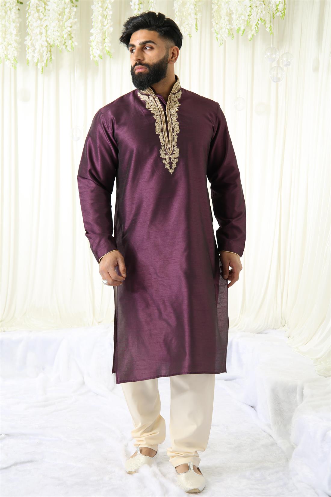 Purple & Gold Plain Kurta with Embroidery and Pyjama.