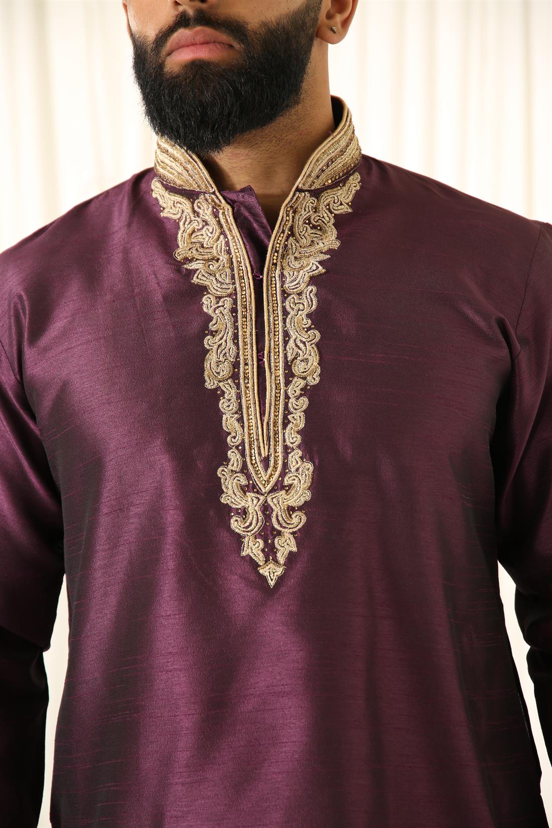 Purple & Gold Plain Kurta with Embroidery and Pyjama.