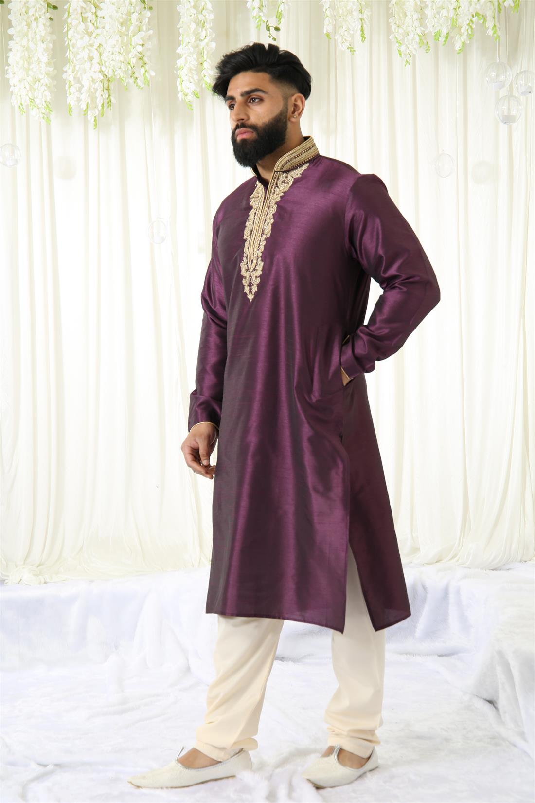 Purple & Gold Plain Kurta with Embroidery and Pyjama.