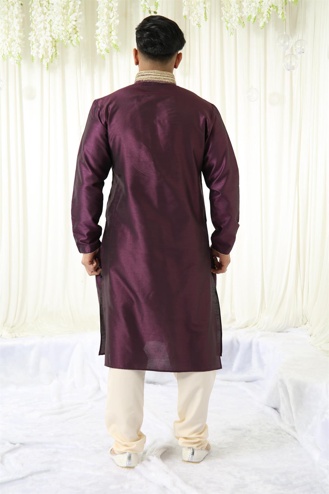 Purple & Gold Plain Kurta with Embroidery and Pyjama.