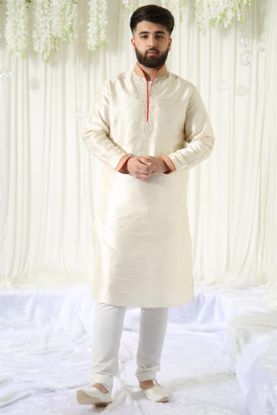 Cream Embroidered Mens Kurta Pajama