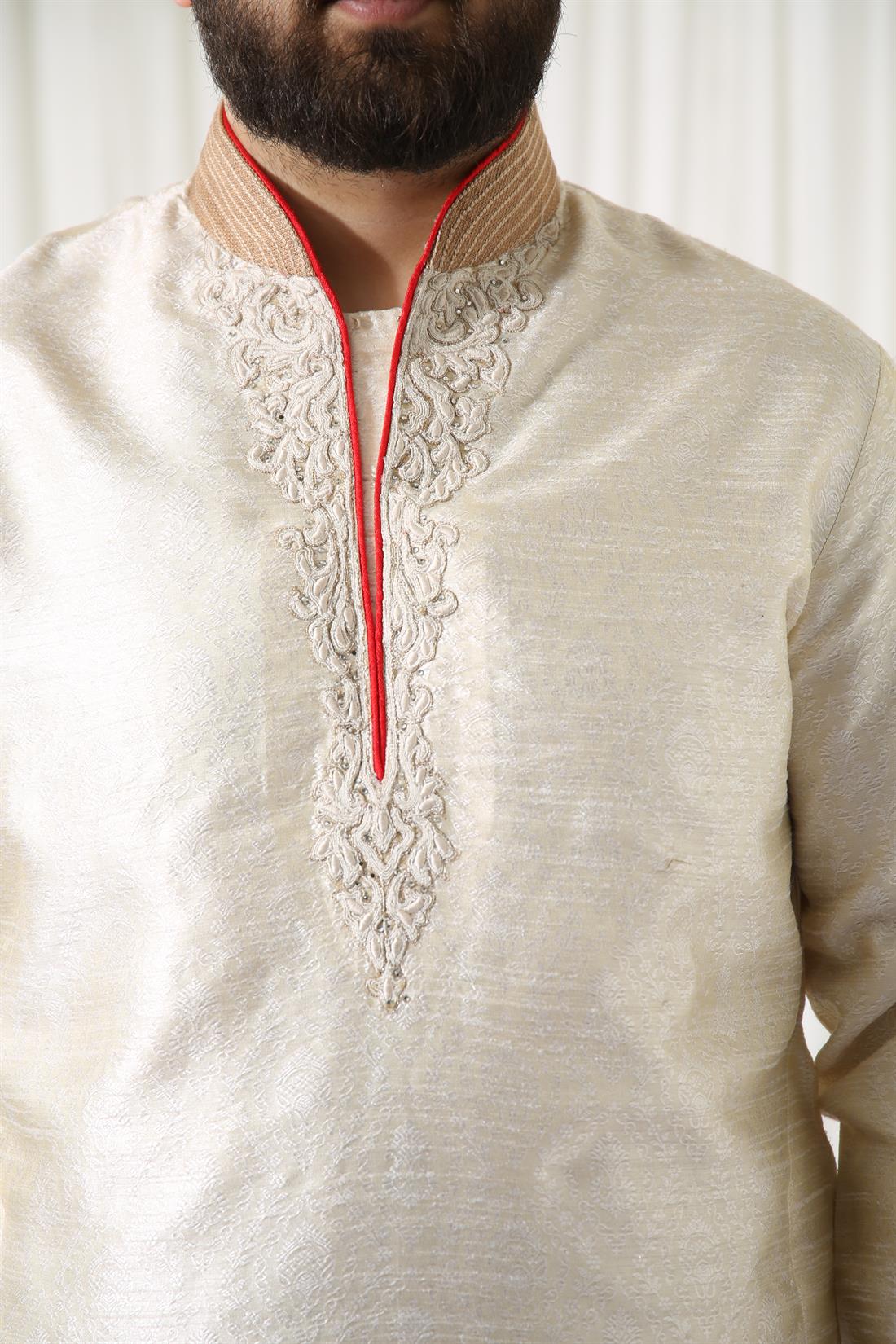 Cream Embroidered Mens Kurta Pajama