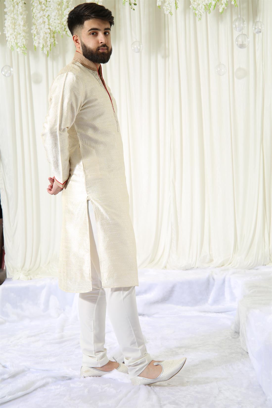 Cream Embroidered Mens Kurta Pajama