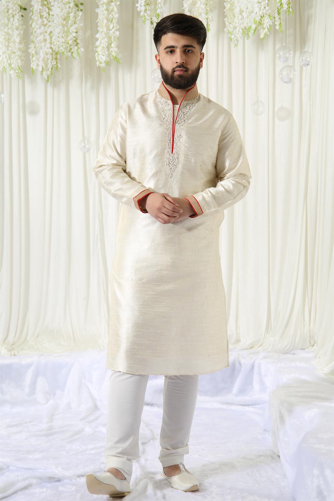 Cream Embroidered Mens Kurta Pajama