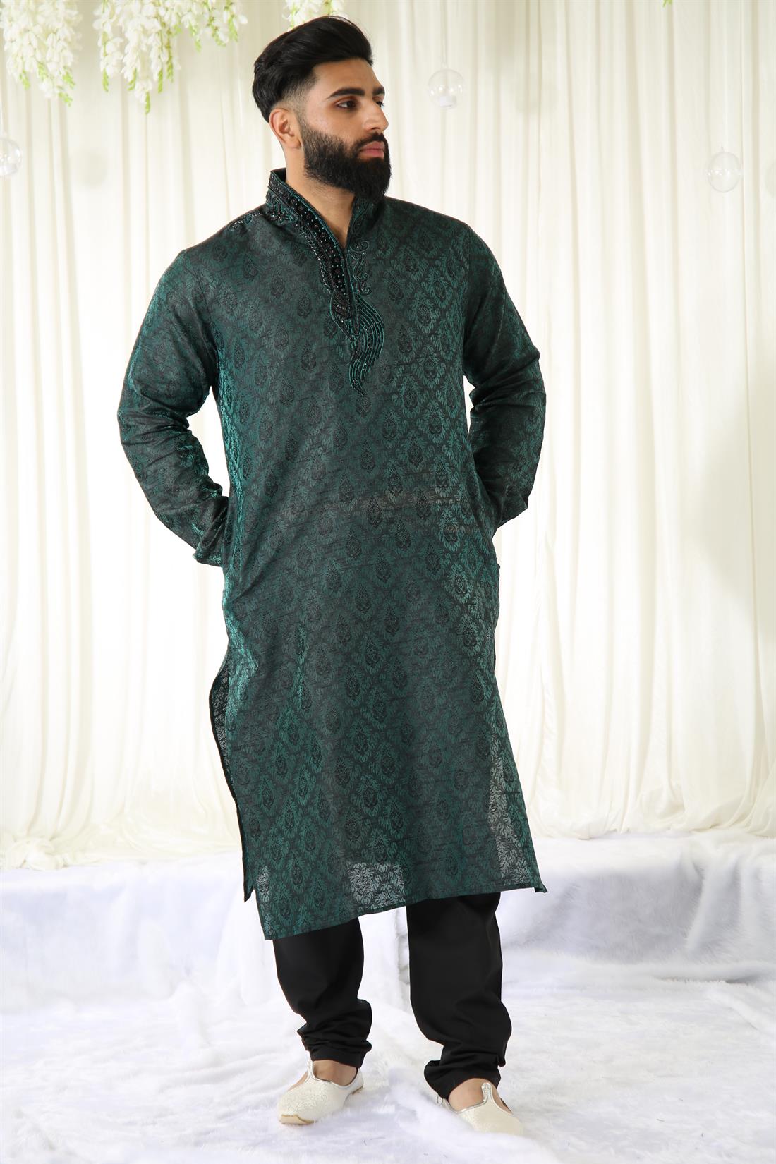 Jade Green Embroidered Mens Kurta Pajama