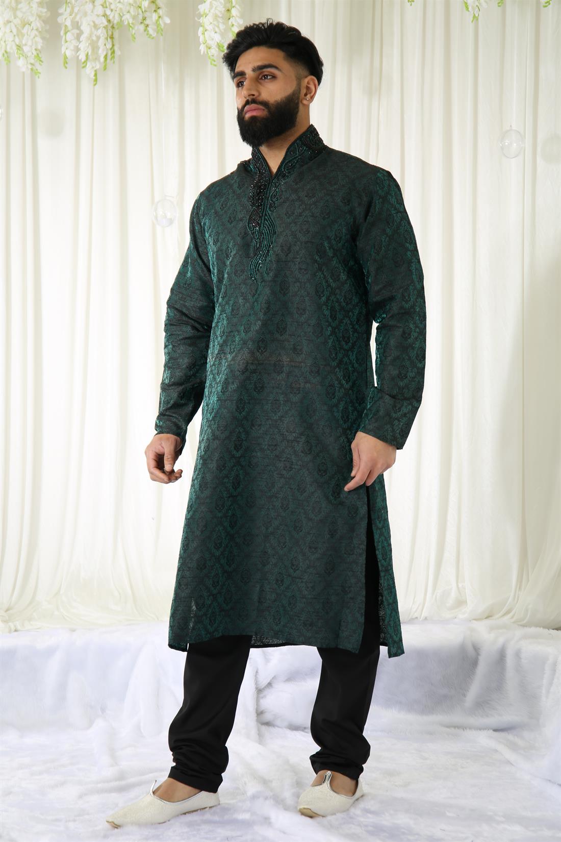Jade Green Embroidered Mens Kurta Pajama