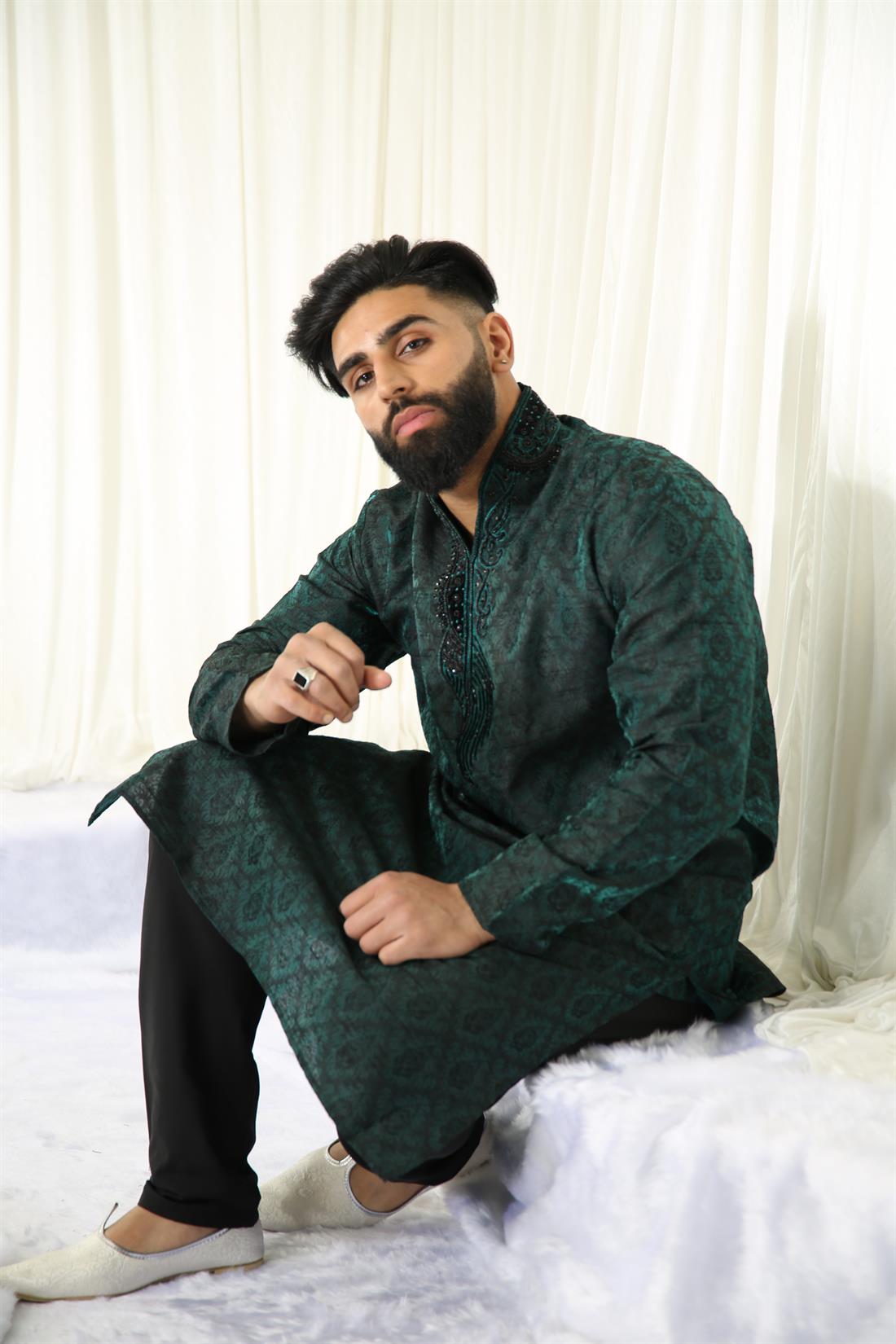 Jade Green Embroidered Mens Kurta Pajama