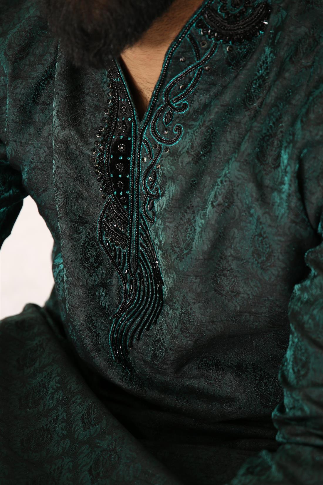 Jade Green Embroidered Mens Kurta Pajama