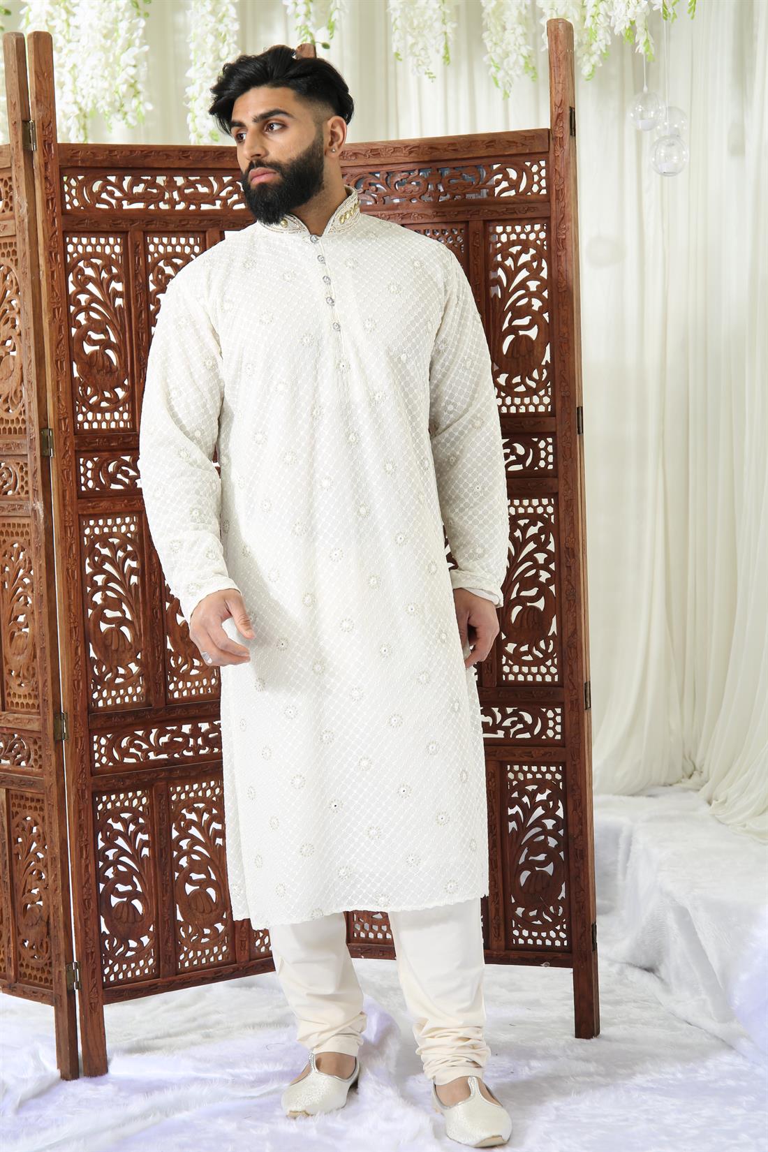 Off White Kurta with Full Lining and Matching Pyjama.