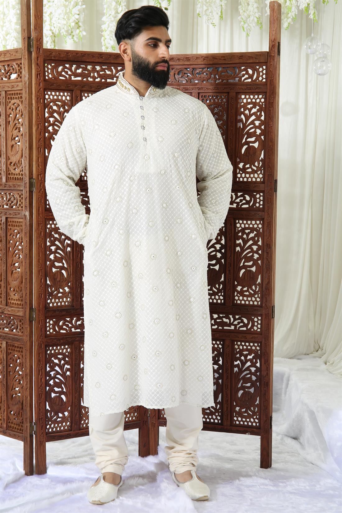 Off White Kurta with Full Lining and Matching Pyjama.