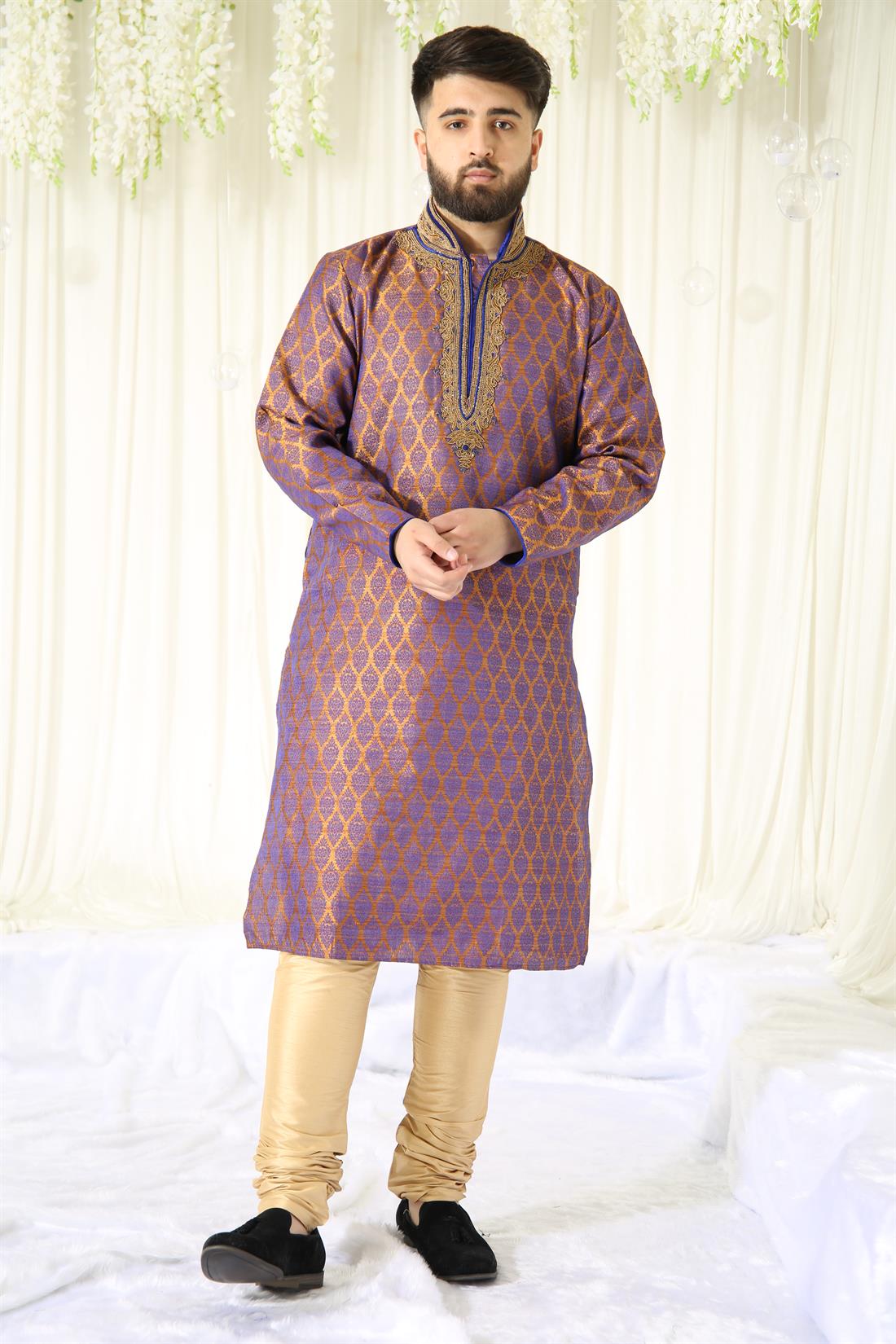 Antique & Blue Banarasi Mens Kurta Pajama
