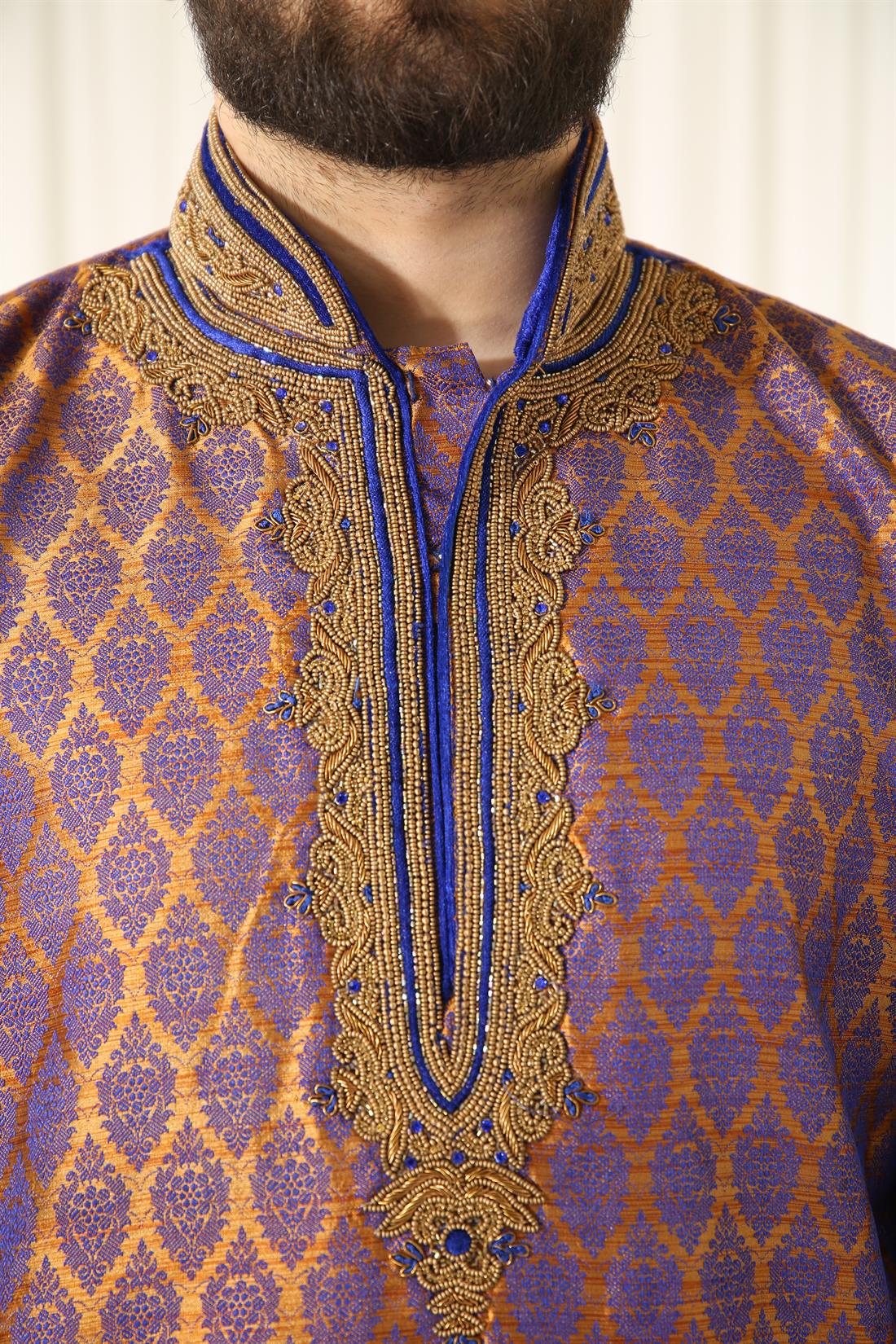 Antique & Blue Banarasi Mens Kurta Pajama
