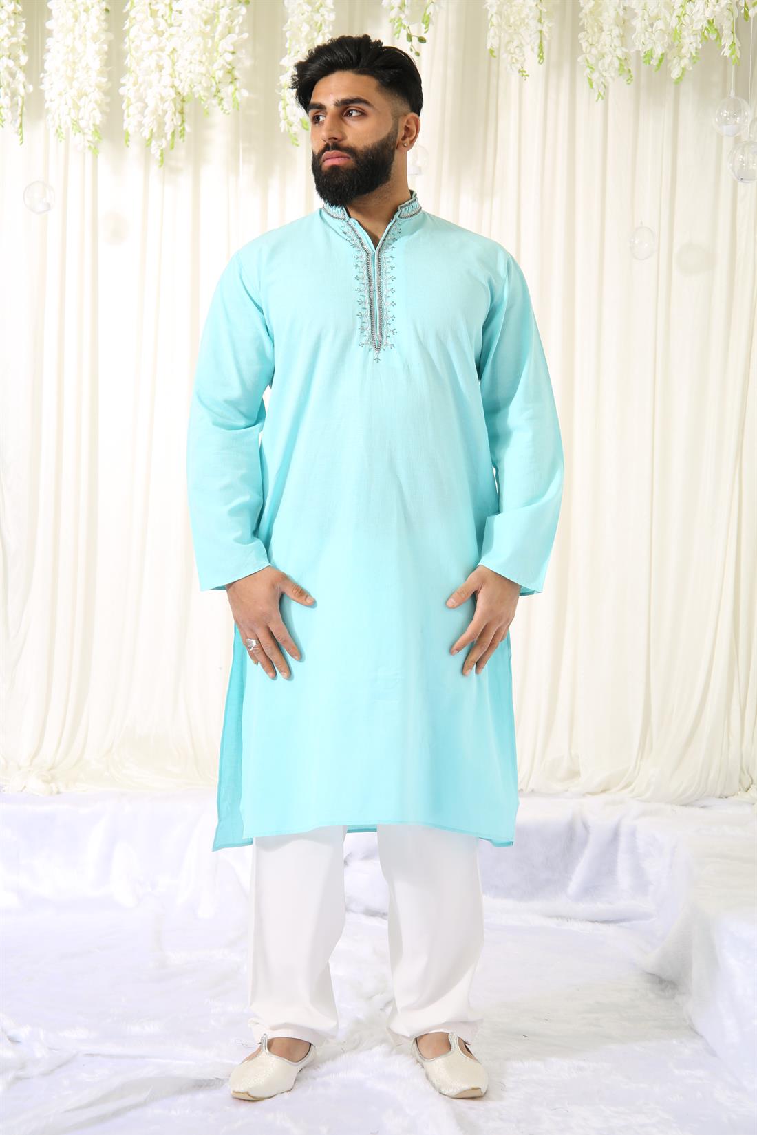 Sky Blue Kurta with White Pyjama.
