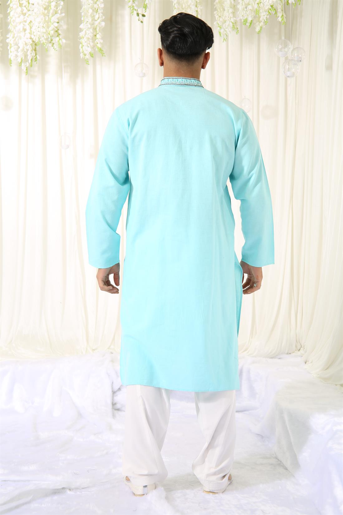 Sky Blue Kurta with White Pyjama.