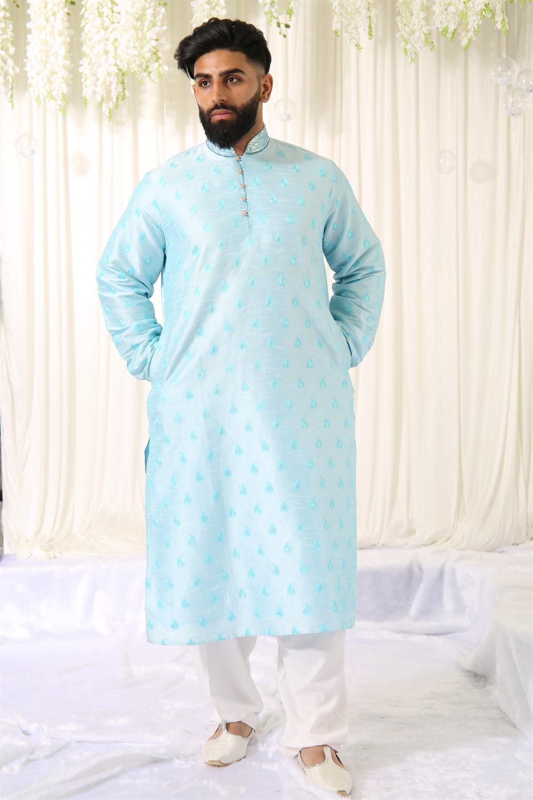 Sky Blue Kurta with Off White Straight Pyjama.