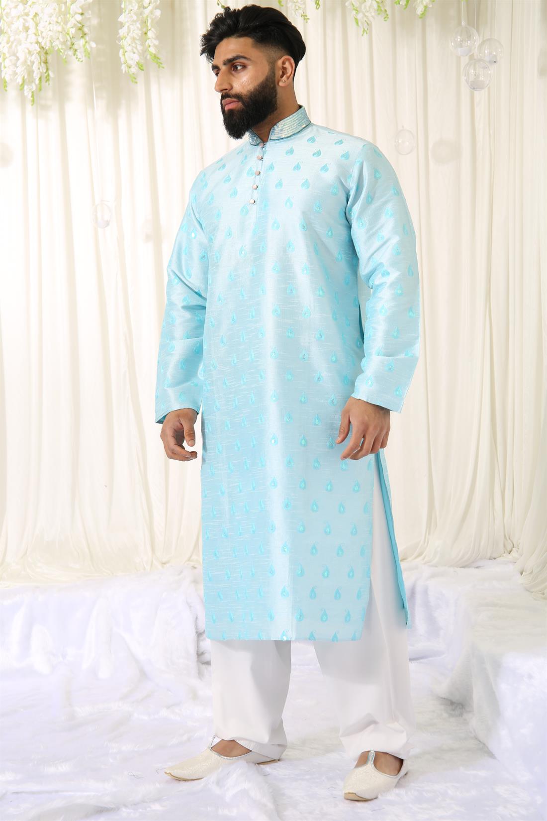 Sky Blue Kurta with Off White Straight Pyjama.