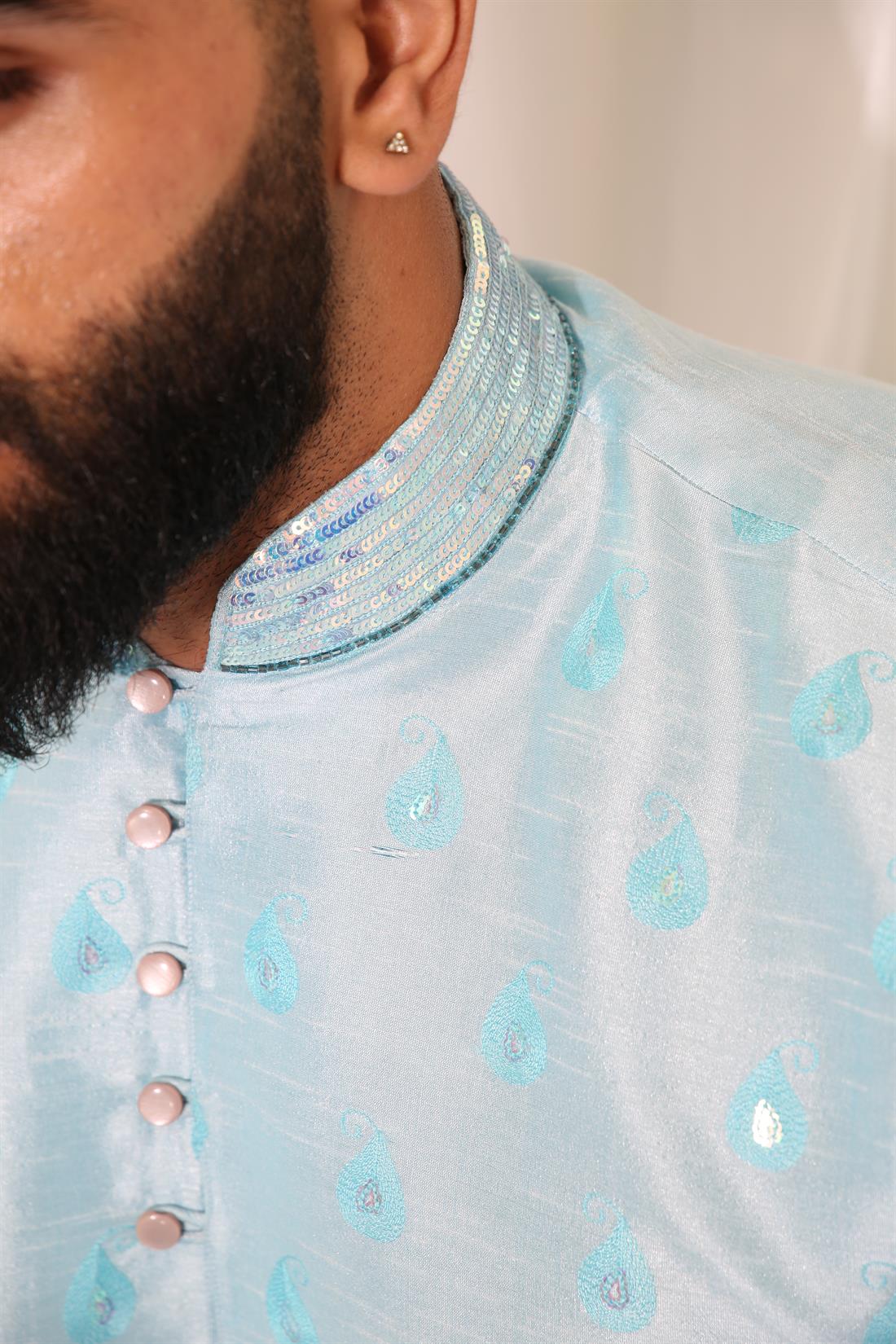 Sky Blue Kurta with Off White Straight Pyjama.
