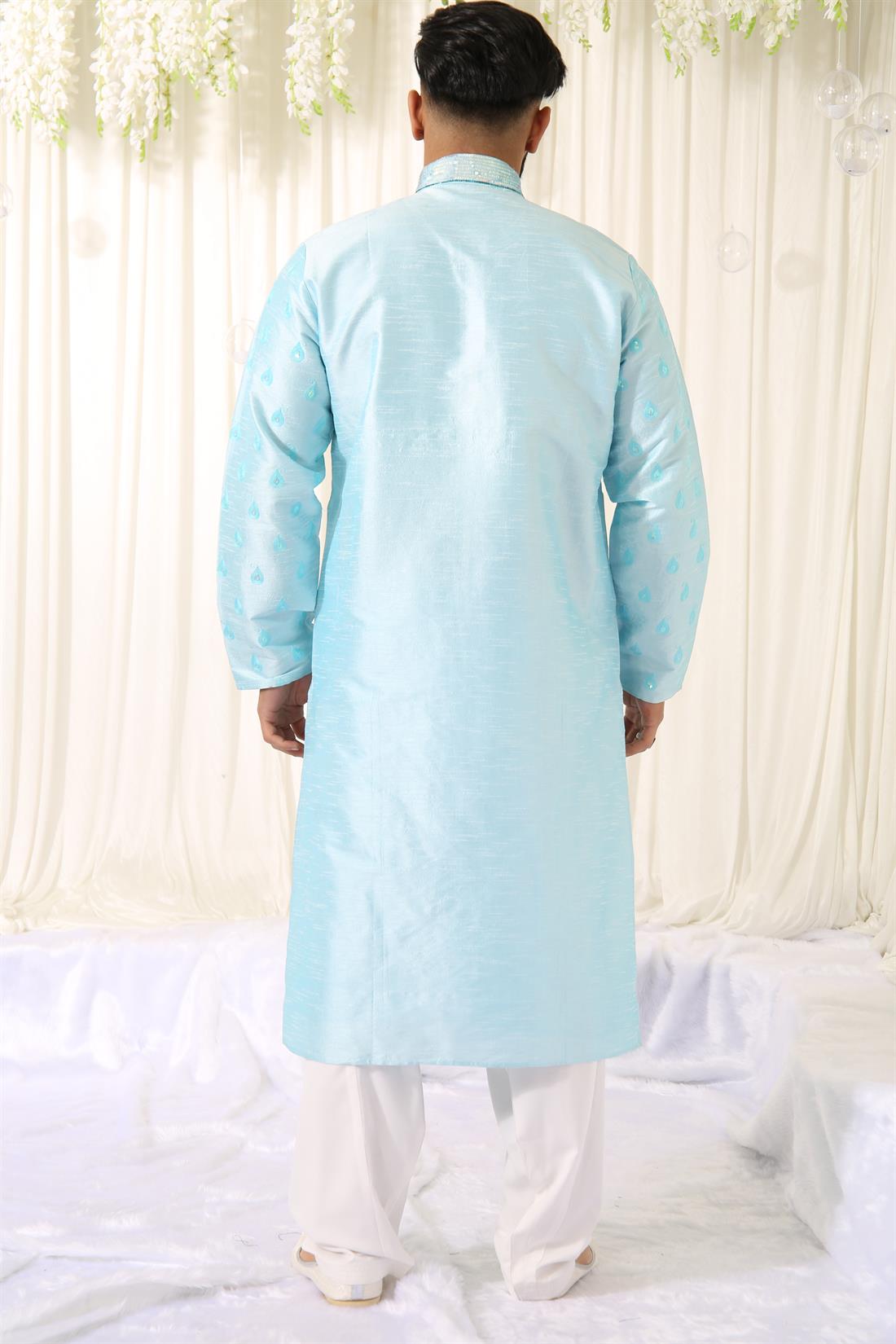 Sky Blue Kurta with Off White Straight Pyjama.