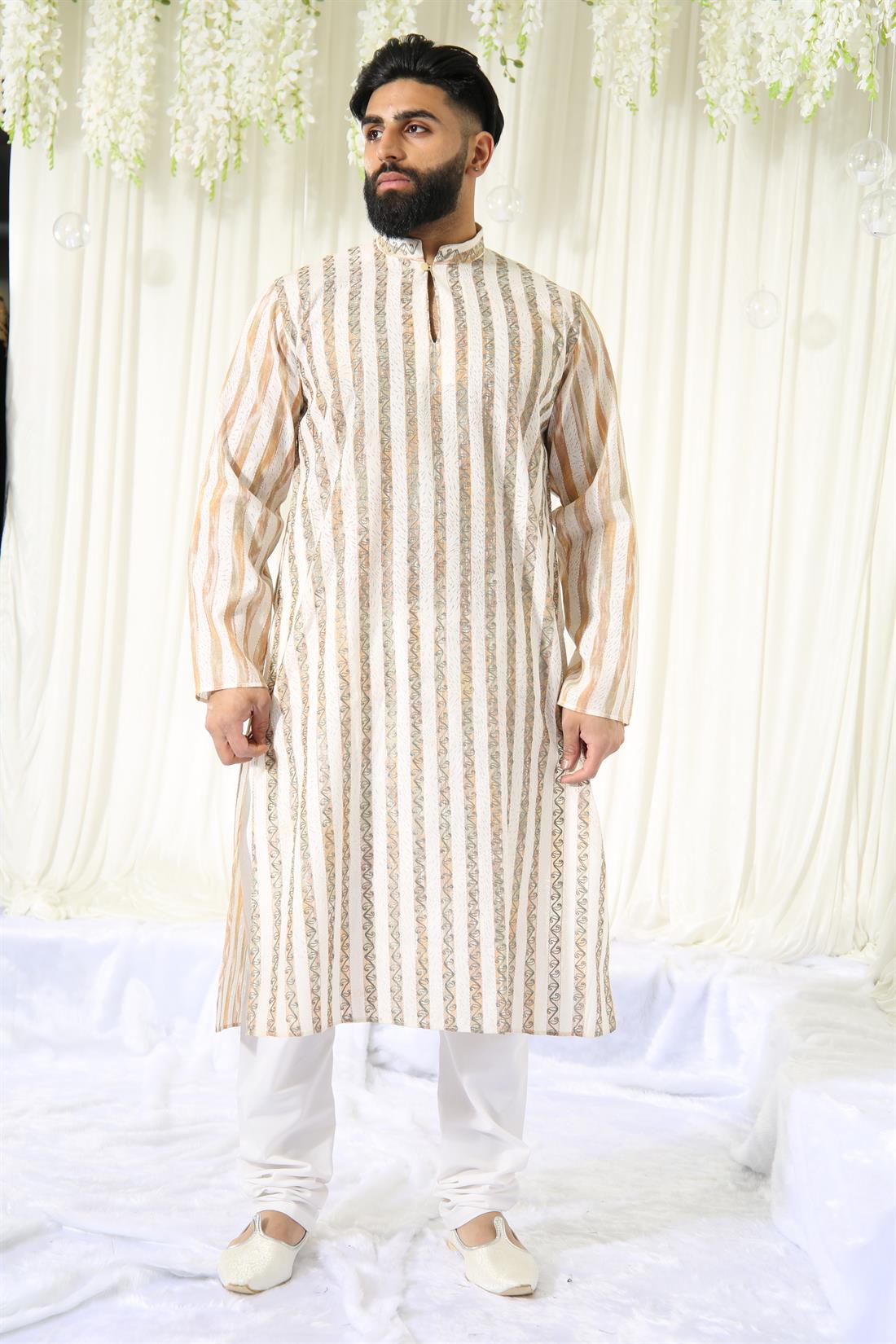 Multicolour & Green Mens Kurta with Off White Pyjama.