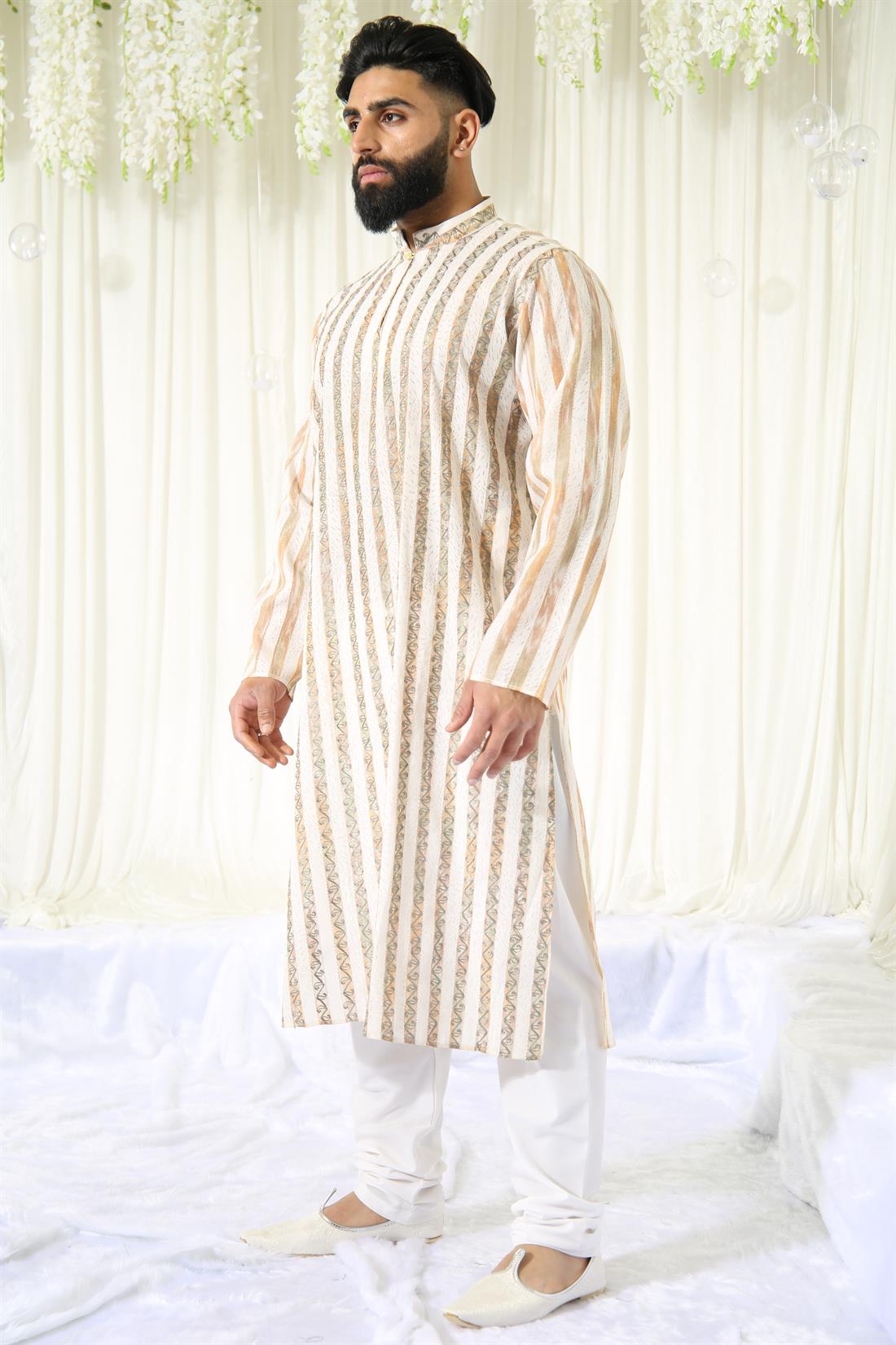 Multicolour & Green Mens Kurta with Off White Pyjama.