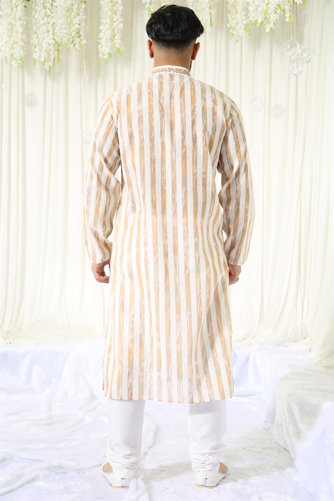 Multicolour & Green Mens Kurta with Off White Pyjama.