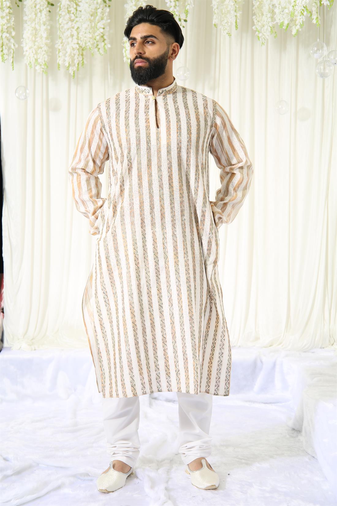 Multicolour & Green Mens Kurta with Off White Pyjama.