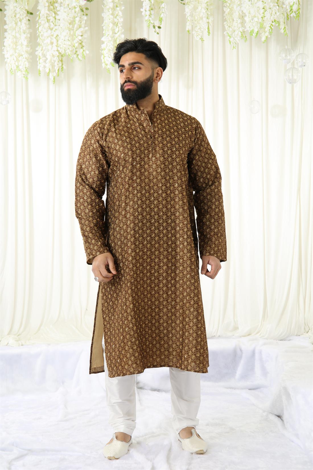 Brown & Gold Mens Brown/gold Kurta with Ivory Pyjama.