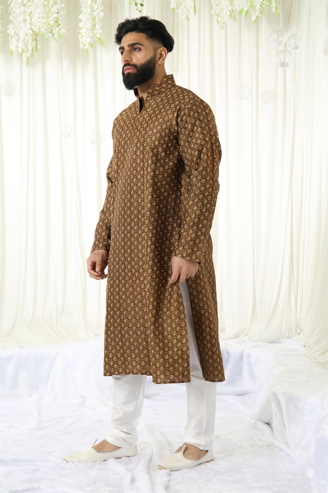 Brown & Gold Mens Brown/gold Kurta with Ivory Pyjama.