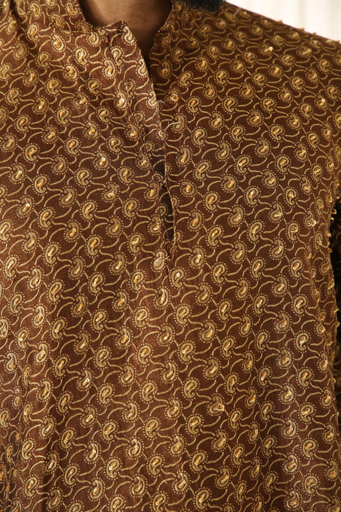 Brown & Gold Mens Brown/gold Kurta with Ivory Pyjama.
