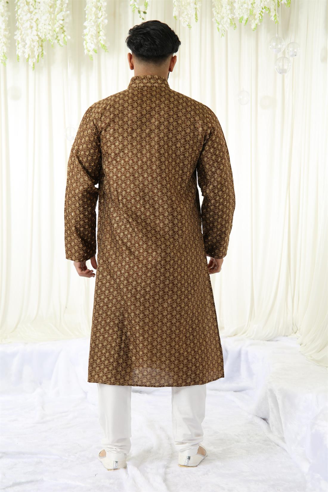 Brown & Gold Mens Brown/gold Kurta with Ivory Pyjama.