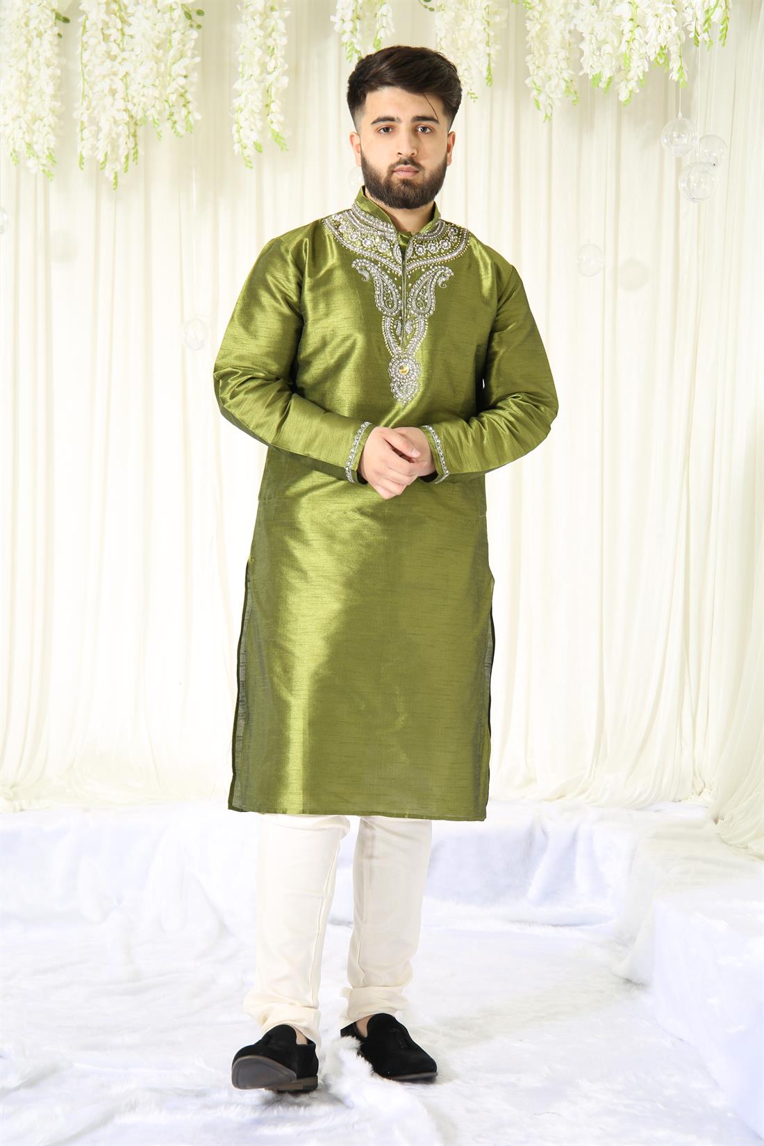 Green & Silver Embroidered Mens Kurta Pajama