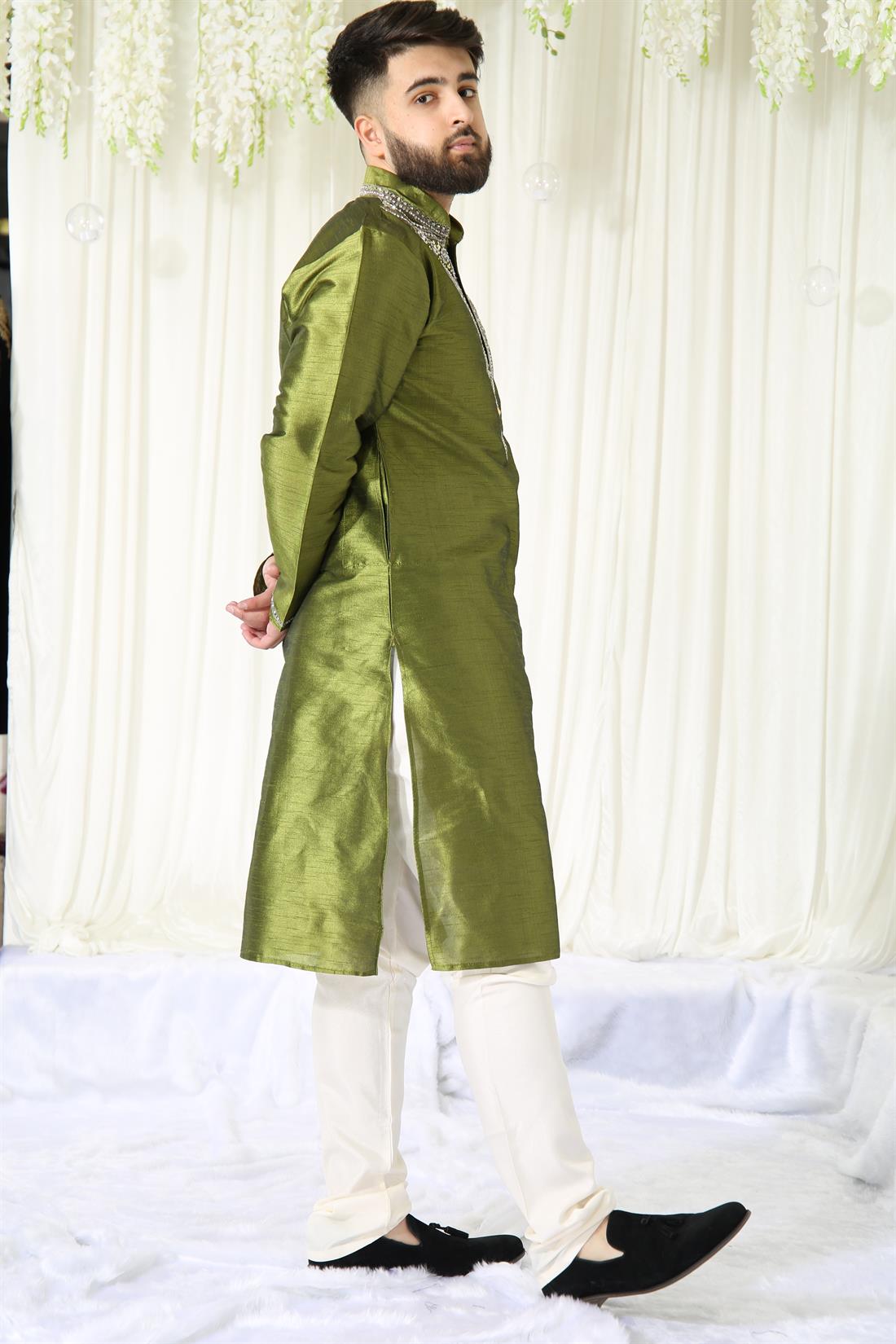 Green & Silver Embroidered Mens Kurta Pajama